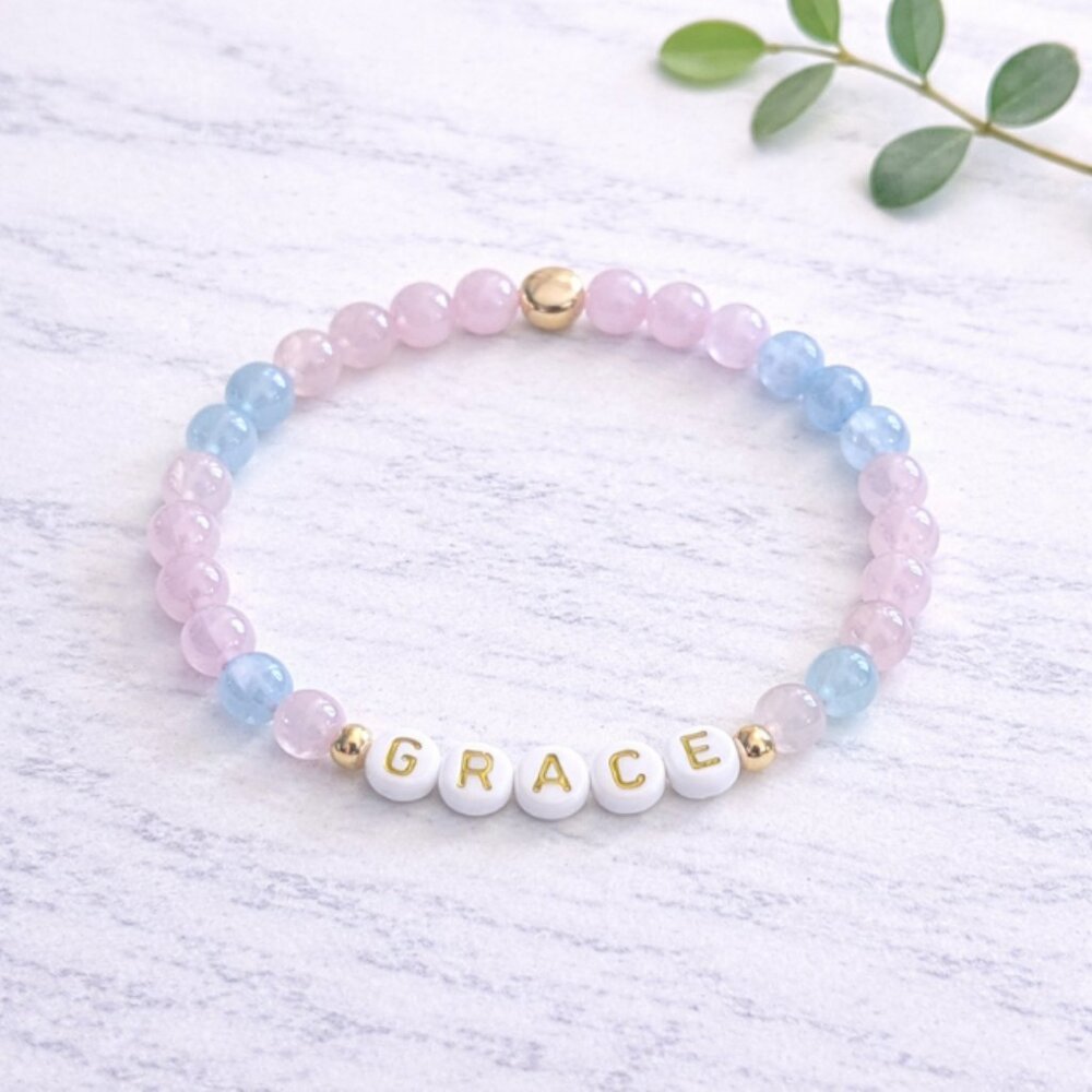 GRACE Rose Quartz and Aquamarine Crystal Bracelet 6mm Beads Jewelry Gift Ready